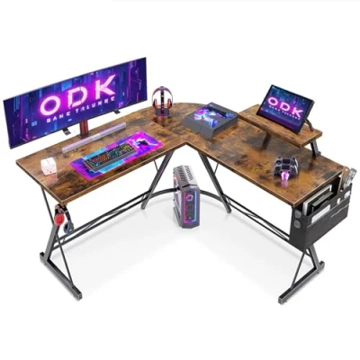 Image of ODK Gaming Desk 127x127x75cm Vintage Brown Computer with Monitor Stand L Shaped for Home and Office