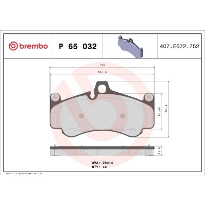 Image of 99635194800, 99635194801, 99635194802, 99735194700, 99735194701 Brake pad set BREMBO P 65 032 PORSCHE: 911 Coupe, Convertible, Coupe