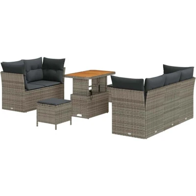 Image of vidaXL 8 Piece Garden Sofa Set with Cushions Grey Poly Rattan Acacia