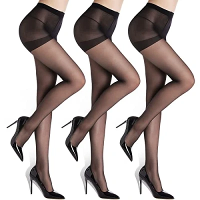 Image of ZIHUA 5 Colors 3 Pairs Sheer Tights for Women, 20 Denier Control Top Sexy Shaping Women Black Tights, Gift Package(Black, XL)