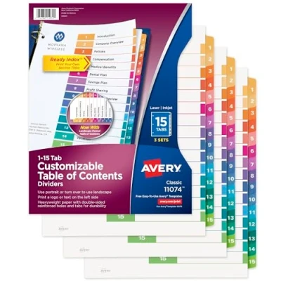 Image of Avery 15 Tab Dividers for 3 Ring Binders, Customizable Table of Contents, Multicolor Tabs, Sets (11074)