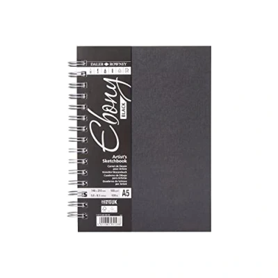 Image of Daler Rowney Ebony Lightly Textured 180gsm A5 Hardback Portrait Sketchbook, Spiral Bound, 40 Black Sheets, Ideal for Professional Artists &amp; Students