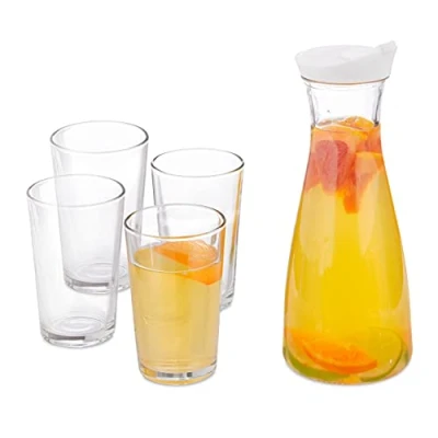 Image of Relaxdays Water Carafe with Glasses, 5 Part Set, 1 L Jug, 220 ml Capacity, Kitchen, Homeware,Transparent, 26 x 10 cm