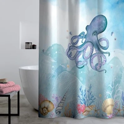 Image of Catherine Lansfield Octopus 180x180cm Shower Curtain Panel Blue