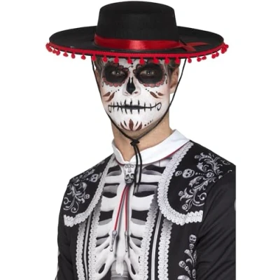 Image of Smiffys Day of The Dead Senor Hat, Black &amp; Red , Mexican Dead/Sugar Fancy Dress, Halloween Dress Up Hats