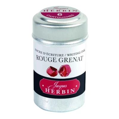 Image of Jacques Herbin Ref 20129T Universal Writing Snap In Ink Cartridges Rouge Grenat / Garnet Red Cylindrical Metal Pot of 6 Coloured