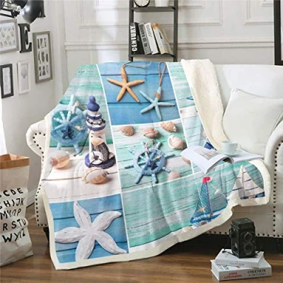 Image of Loussiesd Nautical Theme Fleece Sherpa Blanket Sailboat Starfish Plush for Chair Sofa Couch Anchor Ocean Themed Throw Sea Adventure Blue Bedroom Decor Fuzzy Double 60&quot;x79&quot;