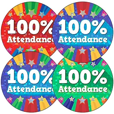 Image of 280 100% Attendance Motivational Childrens Pupils School Teachers Praise Reward Stickers Value Pack 37mm Primary Teaching Services