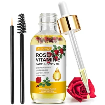 Image of Vitamin E Oil for Face with Rose Essential Oil, Gua Sha Facial Anti aging, Scars &amp; Stretch Mark, Natural Massage Body Scented Dry Skin, Scalp and Nail 60ml