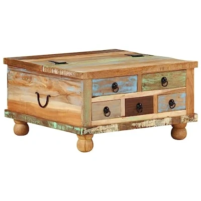 Image of vidaXL Coffee Table Reclaimed Wood Handmade Vintage Industrial Style with Storage Drawers and Compartment 70x70x38 cm Brown