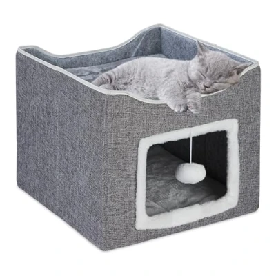 Image of Relaxdays Cat House, Kitten Cave, Scratching Board, Foldable Den, with Pillow, Comfort, Pet, HxWxD 32 x 40 cm, Grey, Fibreboard