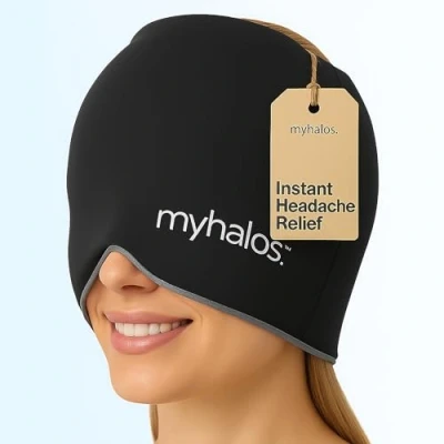 Image of MyHalos® Migraine Relief Cap Wearable Ice Pack Cold Wrap Hat Reusable Therapy Headache &amp; Cap, for Tension Sinus Pressure Form Fitting Head Compress (Black)