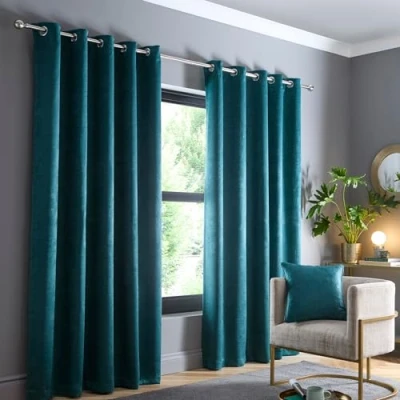 Image of Fusion Forest Green Curtains W66 x L54 (168 137cm) 2x Panels Eyelet in Turquoise Thermal for Bedroom/Living Room &amp; Drapes Door Strata Collection