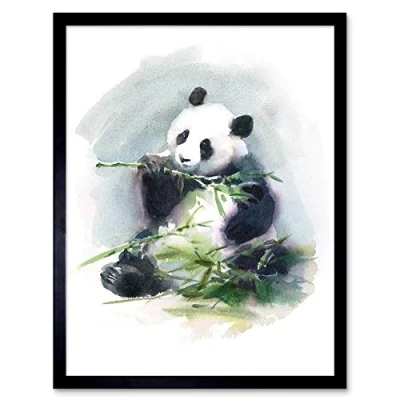 Image of Wee Blue Coo Panda Eating Watercolour Art Print Framed Poster Wall Decor 12X16 Inch
