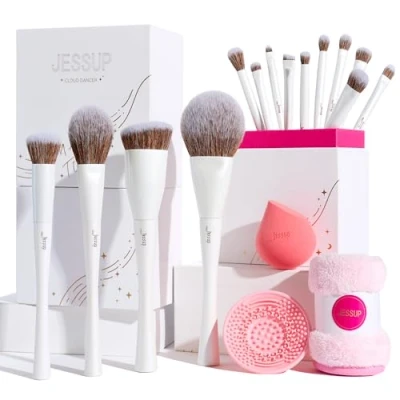 Image of Jessup Makeup Brushes Set 14pcs Make up Highend Gift Includes Foundation Concealer Blush Contour Powder Eye Brush, Sponge, Brush Cleaner and Towel, Pearl White T333