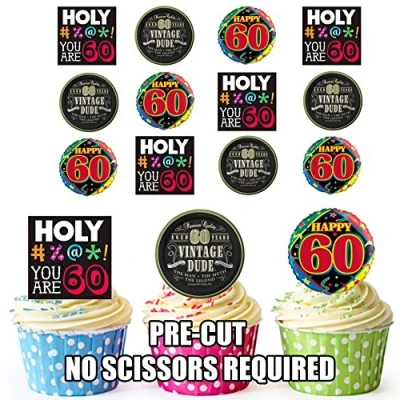 Image of AK Giftshop Fun 60th Male Birthday, 12 Cup Cake Toppers, Edible Stand Up Decorations