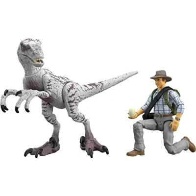 Image of Mattel Jurassic World Park III Hammond Collection Action Figure Set wiith Dr Alan Grant, Velociraptor Dinosaur &amp; Raptor Egg Accessories