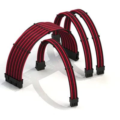 Image of LINKUP AVA 30cm PSU Cable Extension Sleeved Custom Mod GPU PC Braided w/Comb Kit┃1 x 24 P (20+4)┃1 8 (4+4) CPU┃2 (6+2) set┃300mm RedBlack