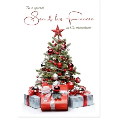 Image of doodlecards Son &amp; Fiancee Christmas Card Parcels and Tree Medium Size with Plain Envelope