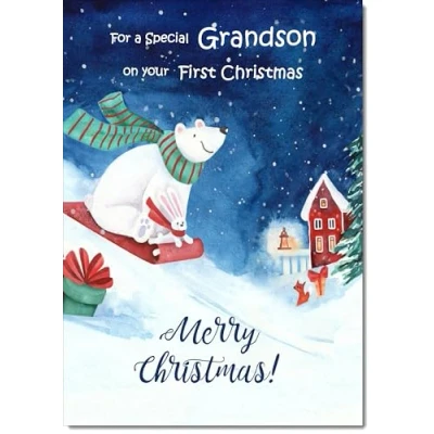 Image of doodlecards Grandsons 1st First Christmas Card Bear on Sled Medium Size for with Plain Envelope