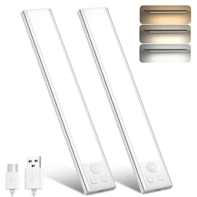 Image of OUILA Under Cabinet Kitchen Lights, 3 Color Dimmable 32 LED Motion Sensor Lights Indoor, 1000mAh USB C Rechargeable for Cupboard, (3 Temperature, 20.5cm 2Pack)