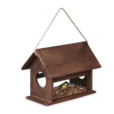 Image of Relaxdays Bird Feeder, Fir Wood, to Hang or Place Outside, Wildlife Feeding Station, HxWxD: 24 x 30 21 cm, Dark Brown