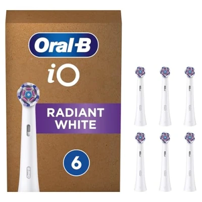Image of Oral B iO Radiant White Electric Toothbrush Head, Angled Bristles Deeper Plaque Removal, with Polishing Petals for Teeth Whitening, Pack of 6 Heads,