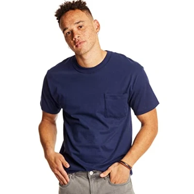 Image of Hanes Men&#039;s Heavyweight Pocket T Shirt, Beefy Full Cut Cotton Tee for Men, Crewneck Shirt 1 or 2 Pack, Navy Large