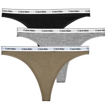 Image of Calvin Klein Underwear Modern LOGO Thong 3 PACK Thong, Women&#039;s, Size: Large, Black/grey heather/café fun
