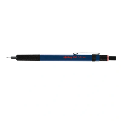 Image of rOtring 500 Mechanical Pencil 0.5mm HB Lead Blue hexagonal plastic barrel and non slip textured metal grip