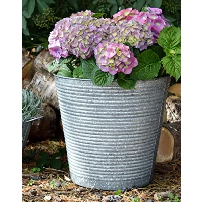 Image of Ivyline Ribbed Galvanised Iron Planter with Built in Drainage Frost Proof &amp; UV Stable Decorative Rust Resistant Outdoor Flower Pot H28cm x D32cm