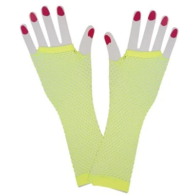 Image of Wicked Costumes 80&#039;s Long Net Fingerless Gloves Neon Yellow Fancy Dress Accessory