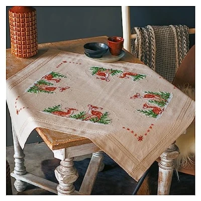 Image of Vervaco Pre Printed Cross Stitch Kit Tablecloth Deer Embroidery Complete Adult DIY Craft Home Decoration Table Cadeou Approx. 80 x cm
