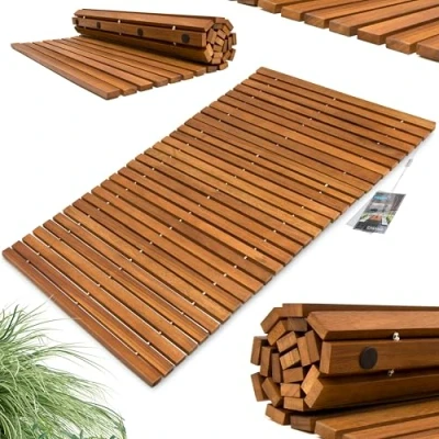Image of Deuba® Wooden Bath Mat FSC® Certified Acacia Wood Non Slip Bathroom Shower Spa Sauna Rectangular Luxury Modern Duckboard Slatted Design 80 x 50 cm