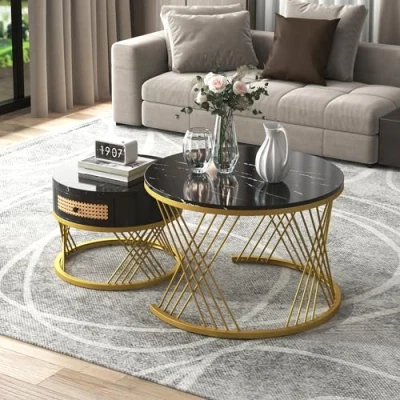 Image of Merax 2 in 1 Round Coffee Table Made of MDF, Nesting Tables with Storage, Rattan Drawers and Solid Wood Handles, Black+Gold