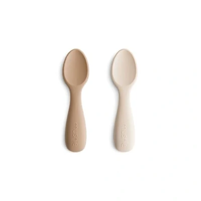 Image of Mushie Baby Starter Spoons BPA Free Silicone Learning 2 Pack Dishwasher Safe Durable Toddler Utensils Natural/Shifting Sand