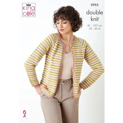 Image of King Cole 5955 Knitting Pattern Womens Striped Cardigan and Top in Merino Blend DK