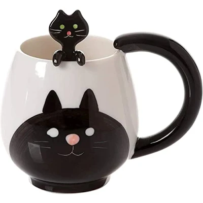 Image of Funny Coffee Mug 14 oz Black Cat with Spoon Gift Novelty Cup Ceramic for Women Men Birthday Christmas