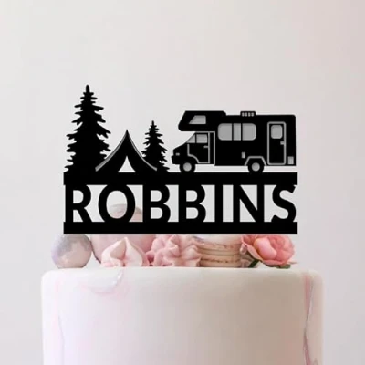 Image of Camper Wedding Tent Cake Topper Custom Outdoor Bride And Groom Campervan Mountain Adventure, 6 7.8 Inch For Party Cake, Lover, Newlyweds