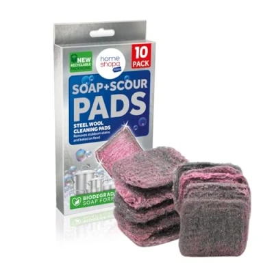 Image of Homeshopa Soap Filled Scourer Pads, 10 Pack Stain and Grease Cutting Scouring Scrubber Durable Long Lasting, Steel Wool Cleaning Scrub for Hob Oven Kitchen Sink