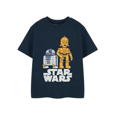 Image of Star Wars Boys Blue Graphic Tee R2 D2 &amp; C 3PO Short Sleeve T Shirt Kids Droids Apparel Officially Licensed Movie Merchandise Children&#039;s Sci Fi Top