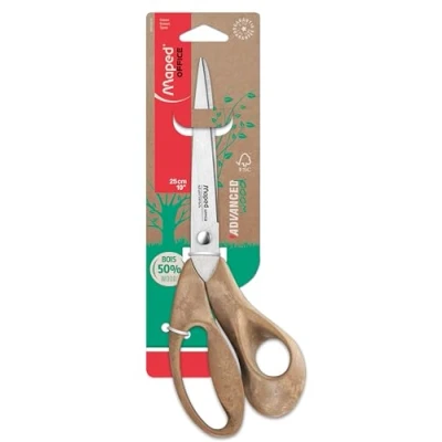 Image of Maped Advanced Wood Scissors Asymmetric and Pointed Tip Stainless Steel Blades Rivet Ergonomic 3D Handles Composed of 50% Powder 10 Years Guarantee 25 cm