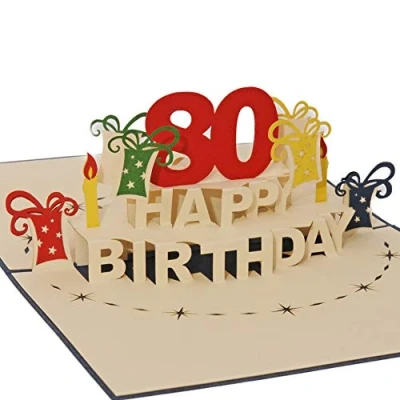 Image of Favor Pop Up Greeting Card for the Round 80. Birthday, A filigree work of art that unfolds when you open designed blue envelope. TA80B.