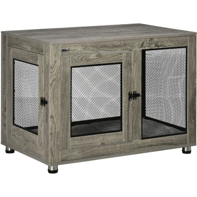 Image of PawHut Dog Crate Furniture End Table w/Soft Washable Cushion, Two Doors, Indoor Pet Kennel for Small Medium Large Dogs w/Wire Mesh, Grey