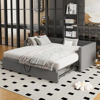 Image of ModernLuxe 3FT Single Sofa Bed, Stylish Pull out Bottom with Upholstered Day Bed for Adults and Teenagers, Space Saving Guest Easy Assembly, Linen, Grey, 90x190cm
