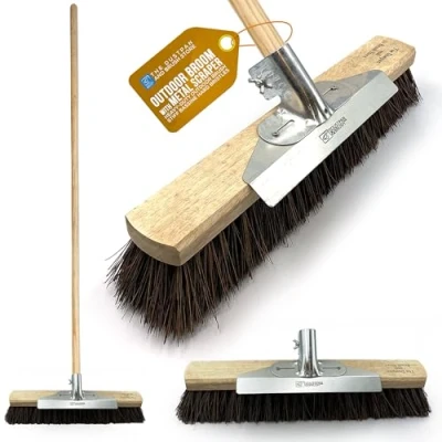 Image of 18 Garden Broom Outdoor with Built In Metal Bracket Yard Brush Heavy Duty 120 cm Wooden Handle Stiff Bassine Hard Bristle Sweeping Long Handled Scrubbing