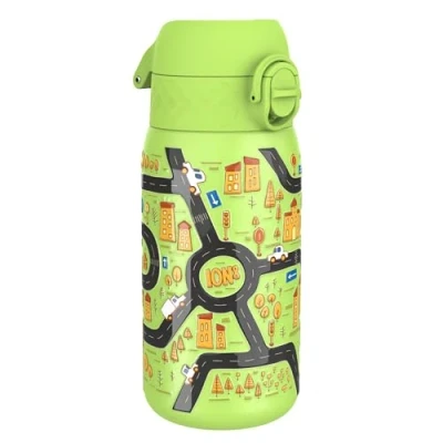 Image of Ion8 Lightweight Steel Kids Water Bottle, 400ml/13oz, Non Insulated, Leak Proof, Easy to Open, Secure Lock, Dishwasher Safe, Fits Cup Holders, Carry Handle, Metal Green, Cars