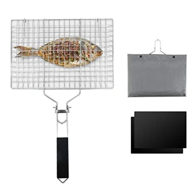 Image of Barbecue Grilling Basket, Portable Grill Basket Foldable Stainless Steel BBQ Net with Mat for Roast Fish, Shrimp, Vegetable, Steak, Meat