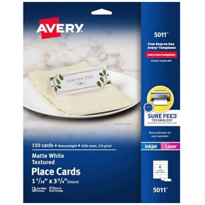 Image of Avery Small Place Cards, Laser &amp; Inkjet Printers, 150 Printable Textured (5011), White, 1 7/16&quot; x 3 3/4&quot;