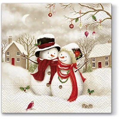 Image of 20 napkins, snowman couple, trees, Christmas/winter, 33 cm x